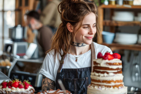 Cheerful Female Pastry Chef with Delicious Layered Cake in Artisan Bakery Shop, Decorated with Fresh Fruit AI Generativeの素材