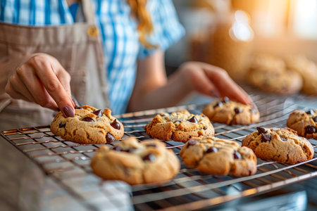 Close up of Homemade Chocolate Chip Cookies on Cooling Rack in Cozy Kitchen Environment with Baker in Apron AI Generativeの素材