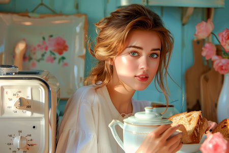 Elegant Young Woman Enjoying Breakfast in Sunny Vintage Style Kitchen AI Generativeの素材