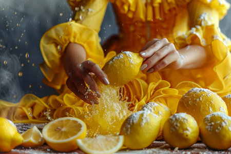 Woman in Yellow Dress Squeezing Fresh Lemon Juice into Pasta on Rustic Kitchen Table with Lemon Halves and Zest AI Generativeの素材