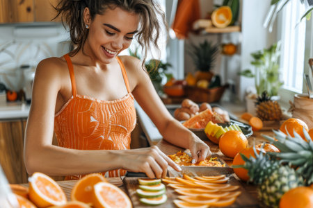 Smiling Young Woman in Apron Preparing Healthy Citrus Fruit Salad in Bright Kitchen Interior AI Generativeの素材