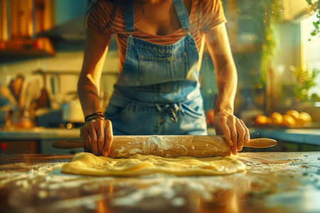 Woman in Apron Rolling Dough on Kitchen Counter with Warm Sunlight Filtering Through AI Generativeの素材