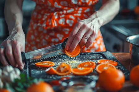 Woman in Red Apron Slicing Fresh Orange Bell Peppers on Kitchen Cutting Board for Healthy Cooking AI Generativeの素材