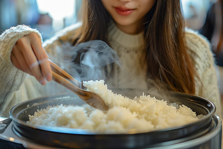 Young Woman Enjoying a Freshly Cooked Steaming Bowl of Rice with Chopsticks in a Cozy Restaurant Setting AI Generativeの素材