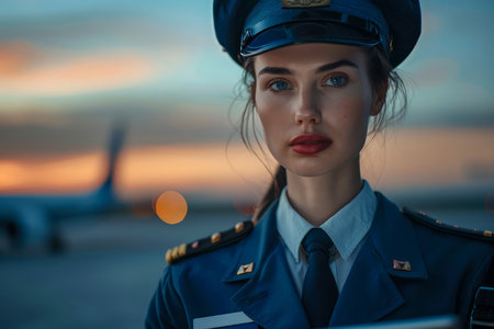 Confident Female Pilot in Uniform Posing at Airport Runway During Sunset with Serious Expression AI Generativeの素材