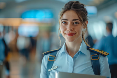 Confident Female Pilot in Uniform at Airport Holding Tablet Computer with a Friendly Smile AI Generativeの素材