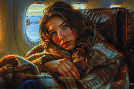 Melancholic Young Woman Wrapped in a Cozy Blanket Looking Thoughtfully Through an Airplane Window at Sunset AI Generativeの素材