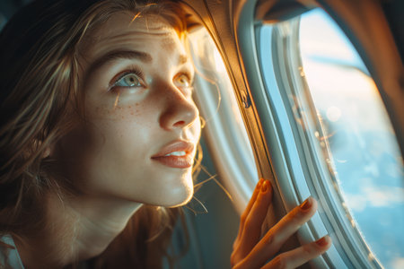 Dreamy Young Woman Looking Out Airplane Window, Sunlight on Face, Travel and Adventure Concept, Female Passenger in Flight Contemplation, Journey Skyward, Air Travel Elation AI Generativeの素材