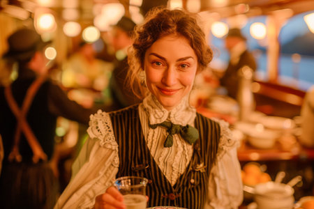 Vintage Styled Woman Smiling with Drink at a Classic Themed Party with Blurred Background AI Generativeの素材