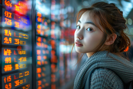 Young Asian Woman Standing in Front of Illuminated City Night Street Signs in Urban Setting AI Generativeの素材