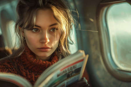 Young Woman Reading a Book in Sunlit Airplane Cabin, Intimate Portrait of Leisure Travel AI Generativeの素材
