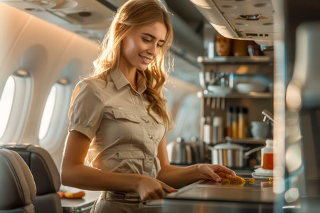 Smiling Airline Hostess Providing In Flight Service to Passengers on a Bright and Comfortable Airplane Cabin AI Generativeの素材