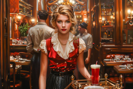 Vintage Fashioned Woman in Elegant Retro Outfit at Stylish Bar with Classic Decor and Dim Lighting AI Generativeの素材