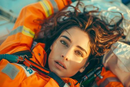Portrait of Young Female in Orange Lifesaving Jacket Resting on Sailboat Deck During Golden Hour AI Generativeの素材