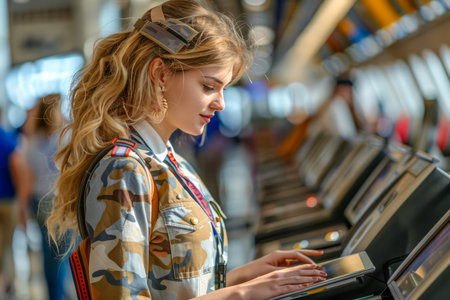 Young Woman Using Self Check in Kiosk at Airport Terminal with Bright, Modern Background AI Generativeの素材