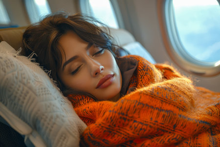 Serene Young Woman Wrapped in Cozy Orange Scarf Resting by Airplane Window AI Generativeの素材