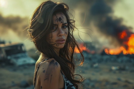 Intense Female Survivor with Determined Gaze in Post Apocalyptic Setting with Fiery Explosion Background AI Generativeの素材
