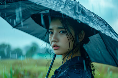 Young Woman with Umbrella in Rainy Weather Field, Sad Solitary Mood, Dramatic Outdoor Portrait AI Generativeの素材