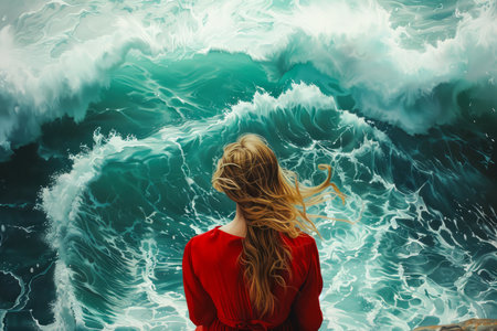 Solitary Woman in Red Overlooking Turbulent Ocean Waves A Concept of Contemplation and Nature&#39;s Power AI Generativeの素材