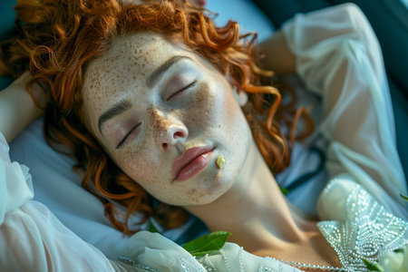 Serene Redhead Woman Sleeping Peacefully with Natural Light, Subtle Smile, and Freckles A Calm and Tranquil Lifestyle Portrait AI Generativeの素材