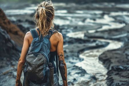 Young Female Adventurer with Backpack Standing by Rugged Coastal Terrain, Contemplating Nature's Beauty AI Generativeの素材