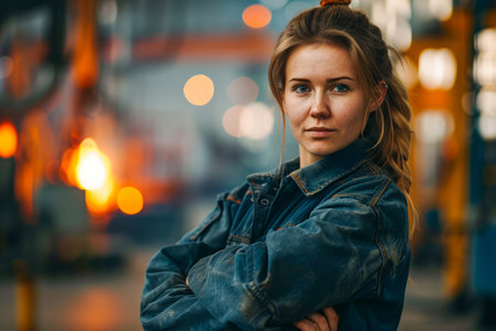 Confident Female Industrial Worker Standing with Arms Crossed in a Manufacturing Plant Environment AI Generativeの素材
