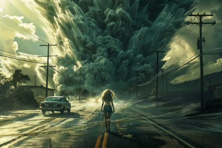 Dramatic Apocalyptic Landscape with Woman Standing on Road Facing a Colossal Tornado Storm AI Generativeの素材