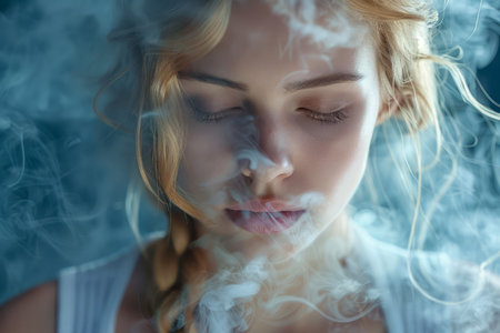 Ethereal Portrait of a Young Woman with Braided Hair Surrounded by Whisps of Smoke in a Dreamy, Mysterious Atmosphere AI Generativeの素材