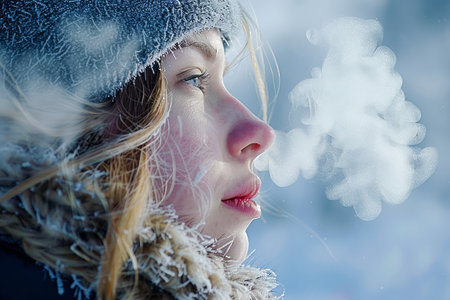 Young Woman in Winter Garb Exhaling Visible Breath on a Cold, Frosty Day, Portrait Side View with Snowflakes Background AI Generativeの素材