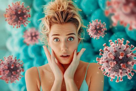 Surprised Young Woman with Wide Eyes Amidst Illustrated Viruses in a Conceptual Health and Pandemic Image AI Generativeの素材