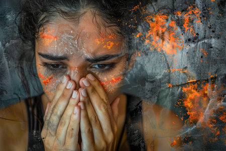 Distressed Young Woman with Painted Face Expressing Despair Against Abstract Background, Artistic Emotional Portrait AI Generativeの素材