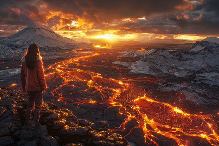 Lone Adventurer Standing Before Volcanic Landscape at Sunset with Flowing Lava and Majestic Mountain Backdrop AI Generativeの素材