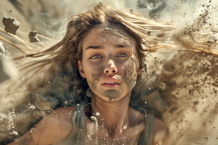 Dynamic Portrait of a Young Woman with Hair and Sand Whirling in the Air, Capturing Movement and Emotion in Natural Setting AI Generativeの素材