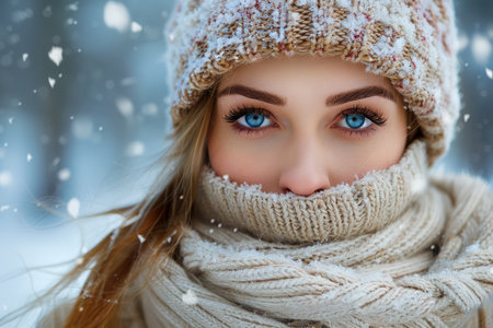 Portrait of Beautiful Woman with Blue Eyes Wearing Winter Clothing in Snowy Weather AI Generativeの素材