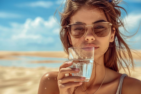 Young Woman Enjoying a Refreshing Glass of Water on a Sunny Beach Holiday AI Generativeの素材