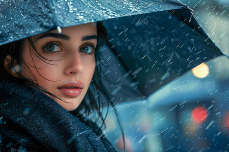 Young Woman with Blue Eyes Peering from Beneath Umbrella on Rainy City Street AI Generativeの素材