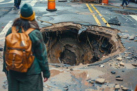 Woman Facing a Large Sinkhole on an Urban City Street Unexpected Hazard in Public Infrastructure AI Generativeの素材