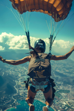 Exhilarating Skydiving Adventure Over Coastal Cityscape, High Altitude Parachute Jump with Skydiver Embracing Freedom AI Generativeの素材