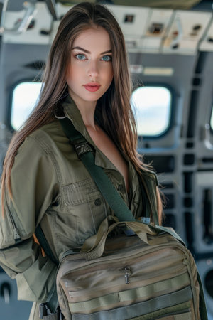 Confident Young Woman Posing in Military Style Outfit Inside Aircraft Cabin, Attractive Model with Trendy Look, Fashion Photography AI Generativeの素材