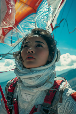 Young Aspiring Astronaut Gazing Skyward with Parachute in the Background, Dreaming of Space Exploration AI Generativeの素材
