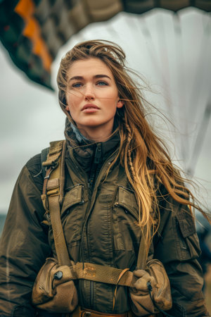 Confident Young Woman in Military Style Jacket Posing Outdoors with Wind in Hair AI Generativeの素材