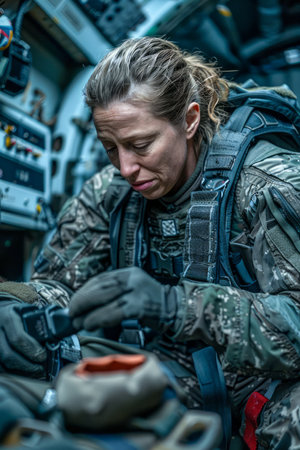 Female Military Personnel in Combat Uniform Intently Working on Electronic Equipment Inside Vehicle AI Generativeの素材