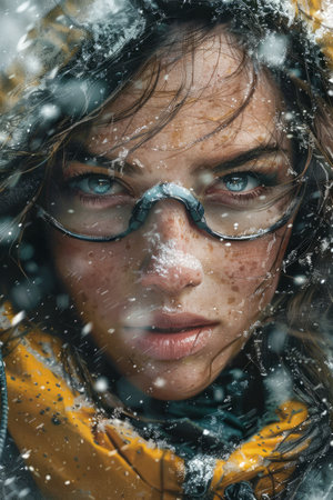 Intense Gaze of a Young Woman in Winter, Snowflakes Clinging to Face and Eyelashes AI Generativeの素材