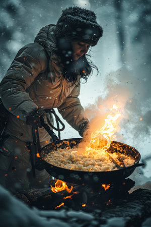 Man Cooking on Open Fire in Snowy Winter Landscape, Outdoor Survival, Adventure Lifestyle AI Generativeの素材