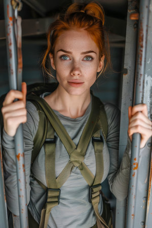 Young Adventurous Woman with Backpack on an Urban Exploration Adventure inside Rustic Industrial Setting AI Generativeの素材