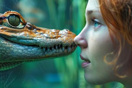 Surreal Encounter Between Woman and Crocodile Illustrating Concepts of Nature, Fear, and Harmony AI Generativeの素材