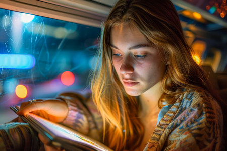 Young Woman Using Digital Tablet at Night with City Lights Reflecting on Window AI Generativeの素材