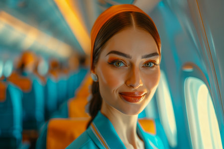 Confident Airline Stewardess Smiling in Cabin Aisle with Warm Ambient Interior Lighting AI Generativeの素材