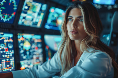 Professional Female Pilot in Cockpit of Modern Aircraft, Focused on Control Panel During Night Flight AI Generativeの素材