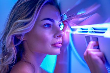 Young Woman Experiencing Advanced Virtual Reality Simulation, Futuristic Neon Lighting, Interactive Technology Concept AI Generativeの素材